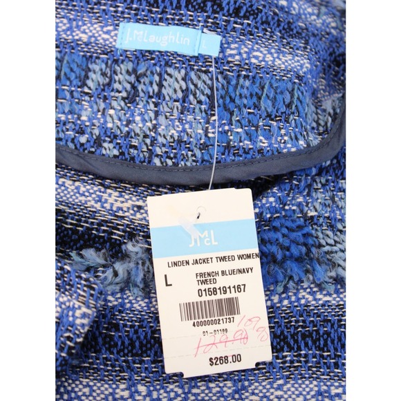 NWT J McLaughlin Linden Blue Striped Tweed Fringe Bell Sleeve Jacket Size L - Picture 6 of 10